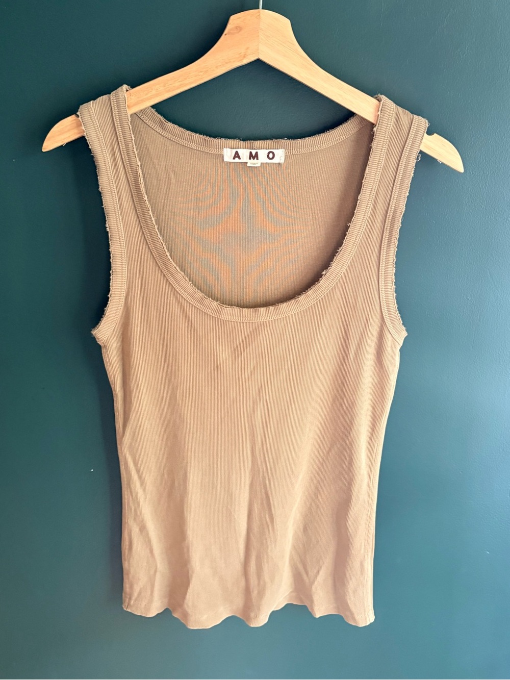 AMO Olive Green Ribbed Scoop Neck Raw Edge Tank Top